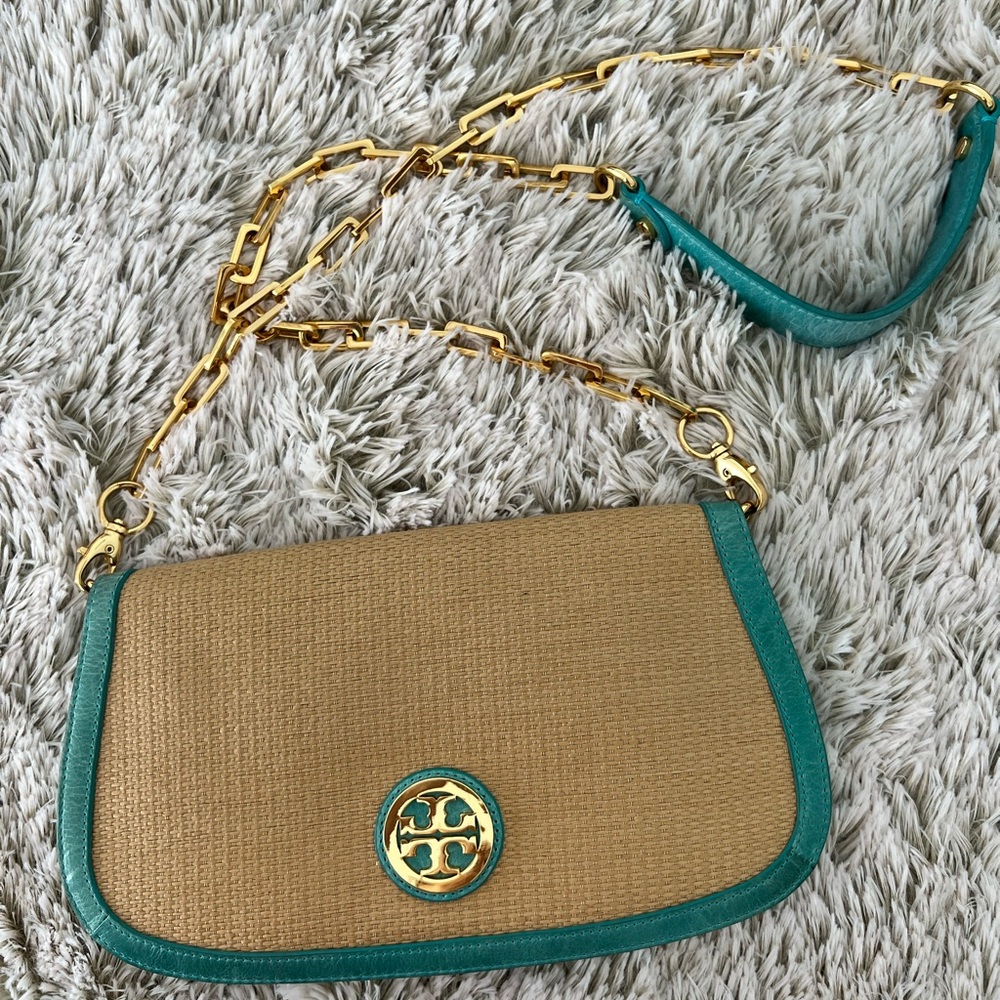 Tory Burch Straw and teal leather crossbody bag.